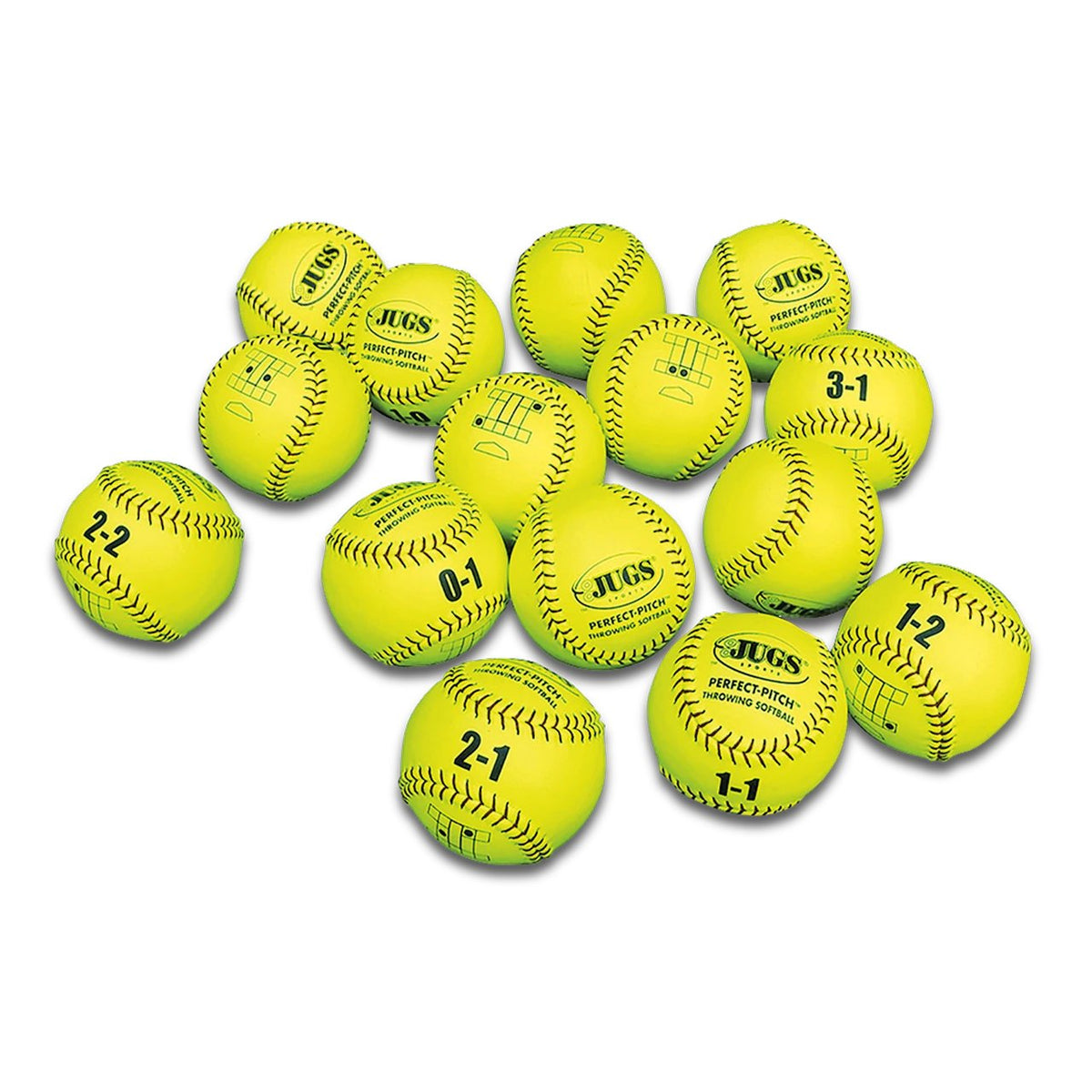 A set of 15 yellow JUGS Perfect Pitch softballs marked with counts and target zones, photographed on a white background.