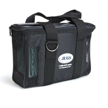 A black JUGS battery pack case with carry straps, a shoulder strap and mesh side panels, with a JUGS logo on the front, on a white background.