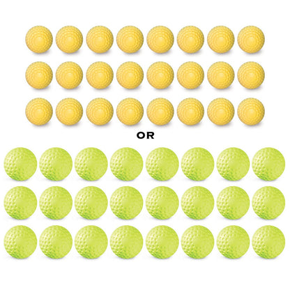 Two dozen yellow Sting-Free dimpled baseballs or two dozen yellow Sting-Free dimpled softballs, the package's ball options, photographed on a white background.