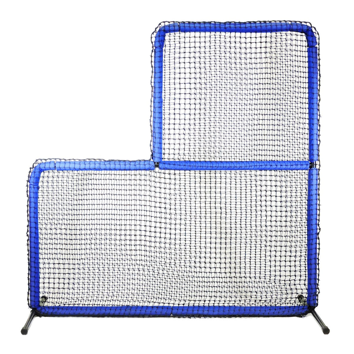 The JUGS Protector Blue Series L-Shaped Pitchers Screen with blue-padded frame, photographed on a white background.