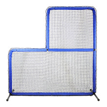 The JUGS Protector Blue Series L-Shaped Pitchers Screen with blue-padded frame, photographed on a white background.