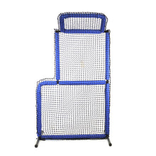 The JUGS Protector Blue Series Short-Toss Screen with overhead guard and blue-padded frame, photographed on a white background.