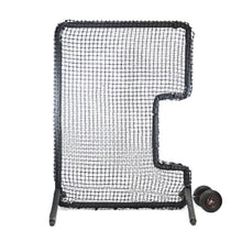 The black JUGS Protector Series C-Shaped Softball Screen with padded frame and attached wheel kit, photographed on a white background.