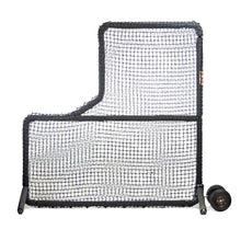The black JUGS Protector Series L-Shaped Screen with padded frame and attached wheel kit, photographed on a white background.