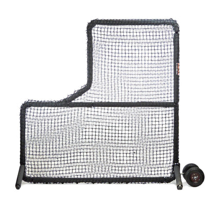 The black JUGS Protector Series L-Shaped Screen with padded frame and attached wheel kit, photographed on a white background.