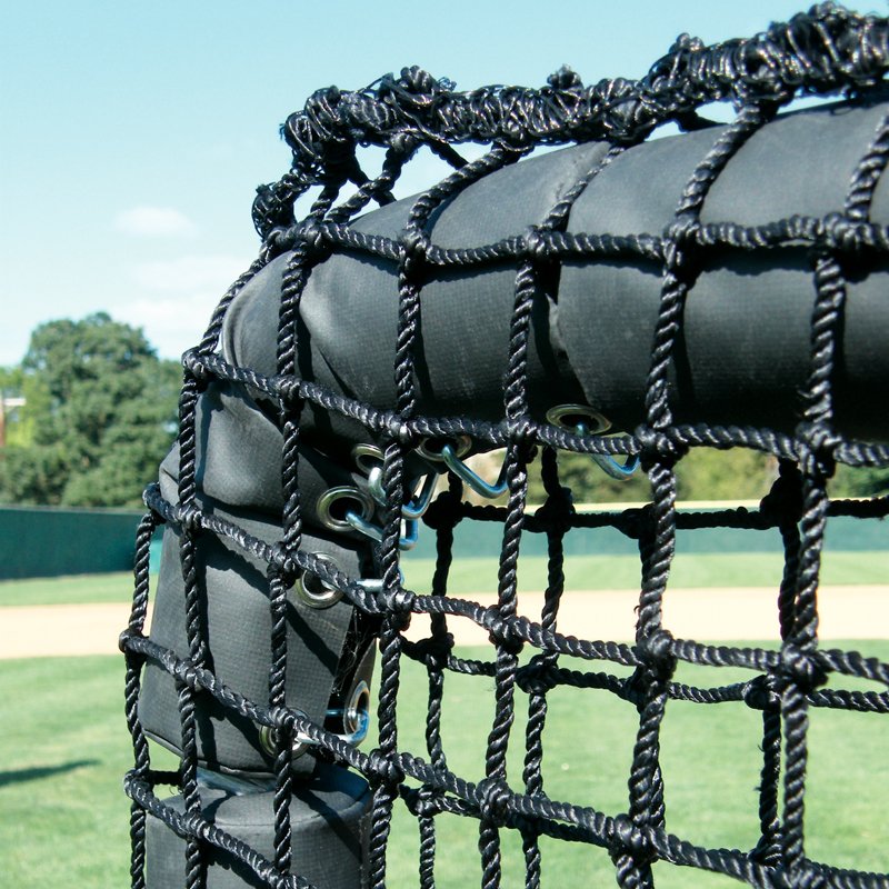 Close-up of the vinyl-covered foam padding and double-thick netting on the JUGS Protector Series screen frame.
