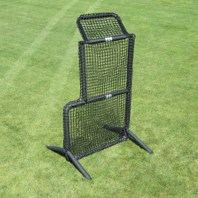 The JUGS Protector Series Short-Toss Screen standing on a grass field.