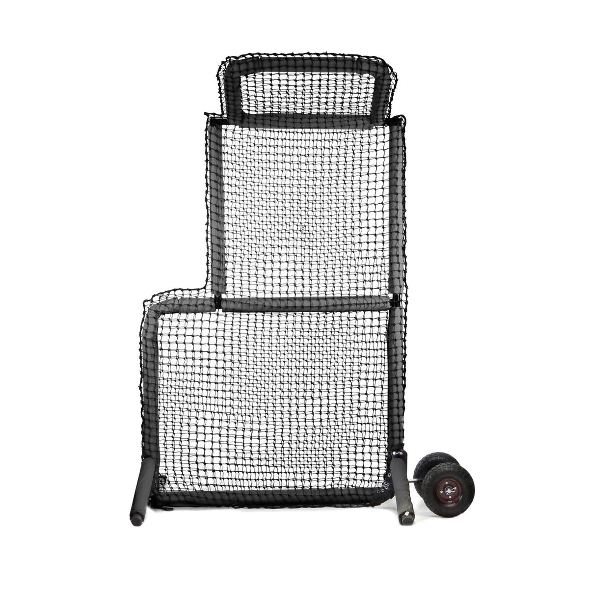 The black JUGS Protector Series Short-Toss Screen with overhead guard and attached wheel kit, photographed on a white background.