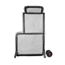 The black JUGS Protector Series Short-Toss Screen with overhead guard and attached wheel kit, photographed on a white background.
