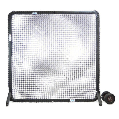 The black JUGS Protector Series Square Baseman Screen with padded frame and attached wheel kit, photographed on a white background.
