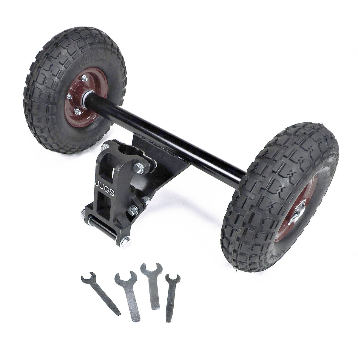 The JUGS Protector Series Wheel Kit with two pneumatic wheels, axle bracket and wrenches, photographed on a white background.