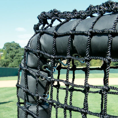 Close-up of the vinyl-covered foam padding and double-thick netting on the JUGS Protector Series screen frame.