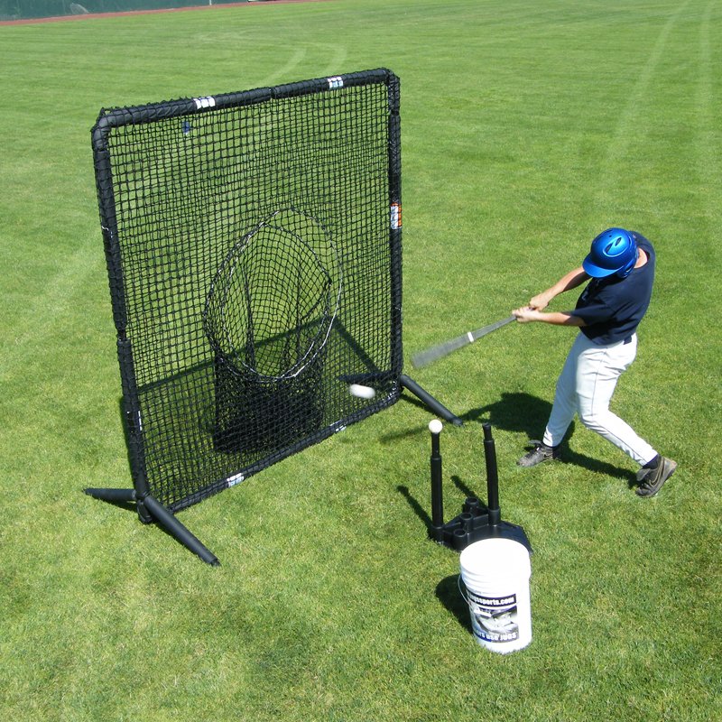 A baseball player hitting off a tee into the sock net of the JUGS Protector Series Square Screen.