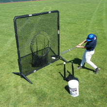 A baseball player hitting off a tee into the sock net of the JUGS Protector Series Square Screen.