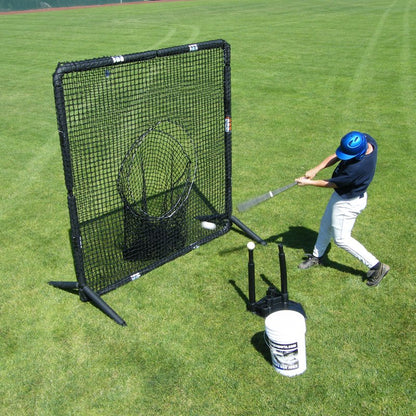 A baseball player hitting off a tee into the sock net of the JUGS Protector Series Square Screen.