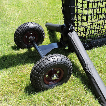 Close-up of the JUGS Protector Series Wheel Kit attached to the base of a screen on grass.