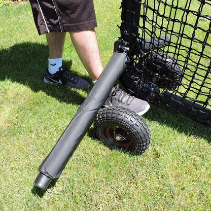Close-up of a screen base tipped onto the JUGS Protector Series Wheel Kit for moving.
