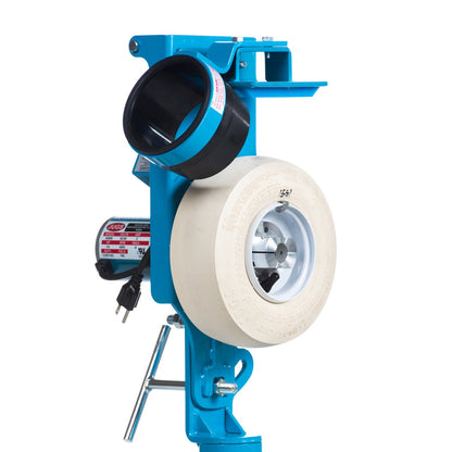 Rear view of the JUGS PS50 head with the white wheel, ball chute and adjustment handle, photographed on a white background.