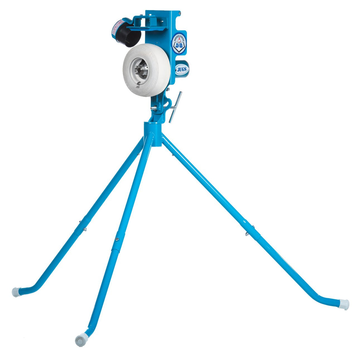 The light blue JUGS PS50 single-wheel pitching machine with a white wheel and black ball chute on light blue tripod legs, photographed on a white background.