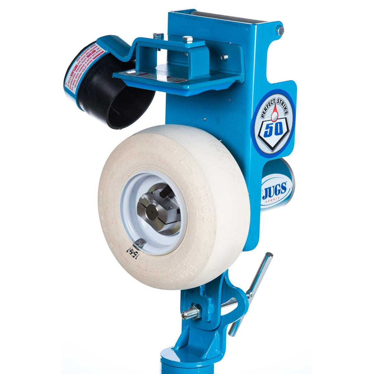 Close-up of the JUGS PS50 head with its white wheel, black ball chute and carry handle, photographed on a white background.