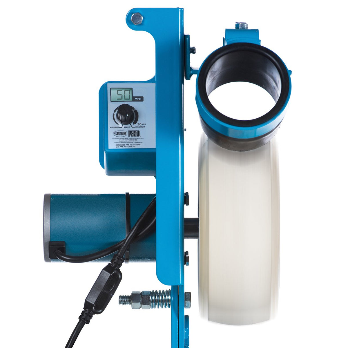 Side view of the JUGS PS50 head showing the digital speed readout and dial, the ball chute and the motor, photographed on a white background.