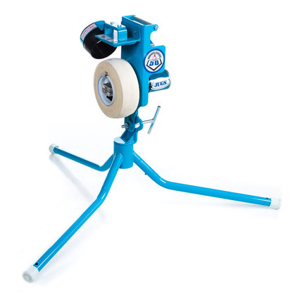 The JUGS PS50 pitching machine on its short, wide-stance legs, photographed on a white background.