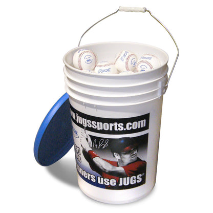A lidded bucket of JUGS Pearl baseballs, the baseball version's ball option, photographed on a white background.