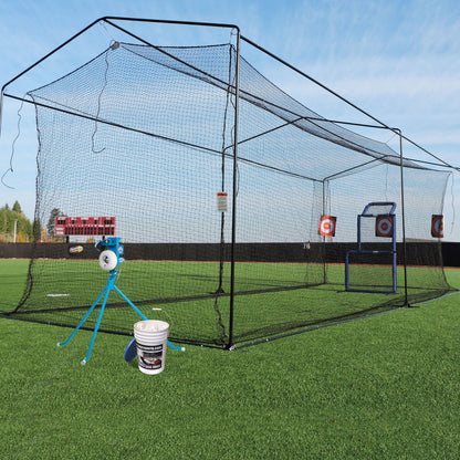 The JUGS Short-Toss Package set up on a grass field: free-standing short-toss cage, PS50 pitching machine, bucket of balls and target.