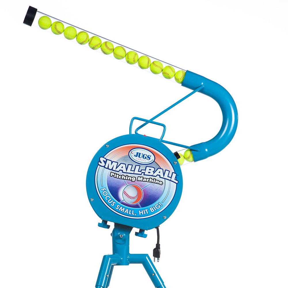 A close-up of the JUGS Small-Ball pitching machine head with its curved feed tube holding a row of small yellow balls, on a white background.
