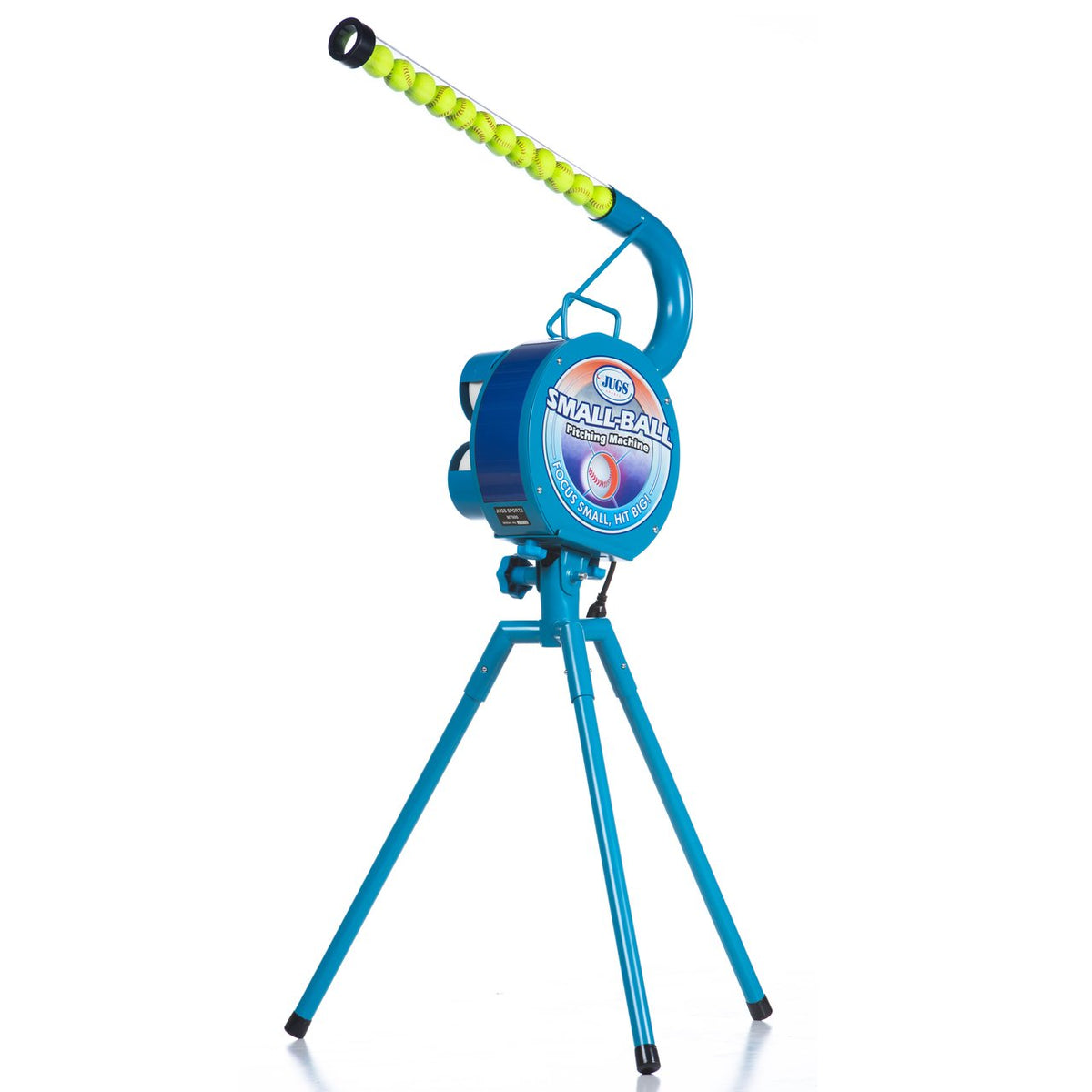 A JUGS Small-Ball pitching machine on a light blue tripod with its curved feed tube loaded with small yellow balls, on a white background.