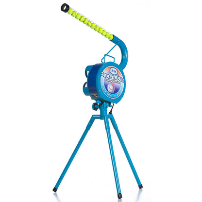 A JUGS Small-Ball pitching machine on a light blue tripod with its curved feed tube loaded with small yellow balls, on a white background.