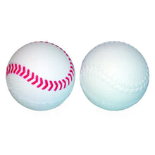 Two small white foam balls on a white background, one showing red stitching and the other showing its plain side.