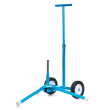 A light blue JUGS transport cart with two rubber wheels, a tripod base and a tall T-handle, on a white background.