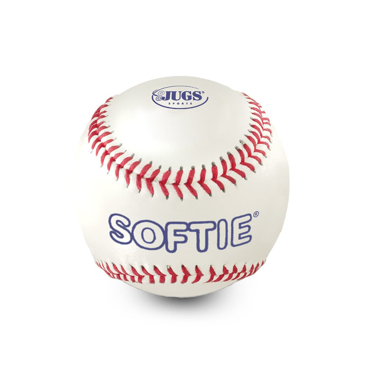 A white leather baseball with red stitching, a small JUGS logo and the word Softie in blue, on a white background.