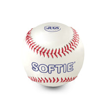 A white leather baseball with red stitching, a small JUGS logo and the word Softie in blue, on a white background.