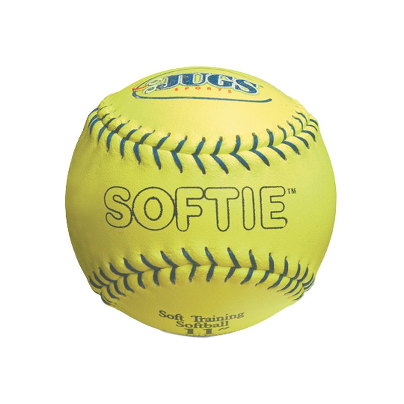 A yellow leather softball with dark green stitching, a JUGS logo and the word Softie, marked Soft Training Softball 11 inch, on a white background.