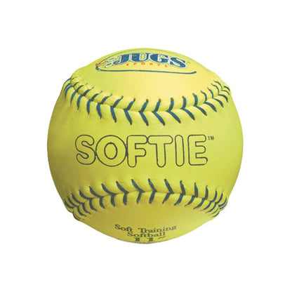 A yellow leather softball with dark green stitching, a JUGS logo and the word Softie, marked Soft Training Softball 11 inch, on a white background.