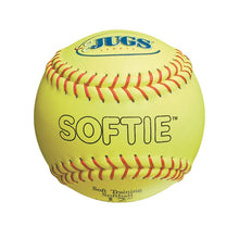A yellow leather softball with red stitching, a JUGS logo and the word Softie, marked Soft Training Softball 12 inch, on a white background.