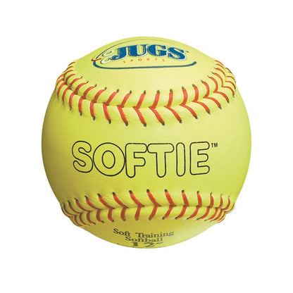 A yellow leather softball with red stitching, a JUGS logo and the word Softie, marked Soft Training Softball 12 inch, on a white background.