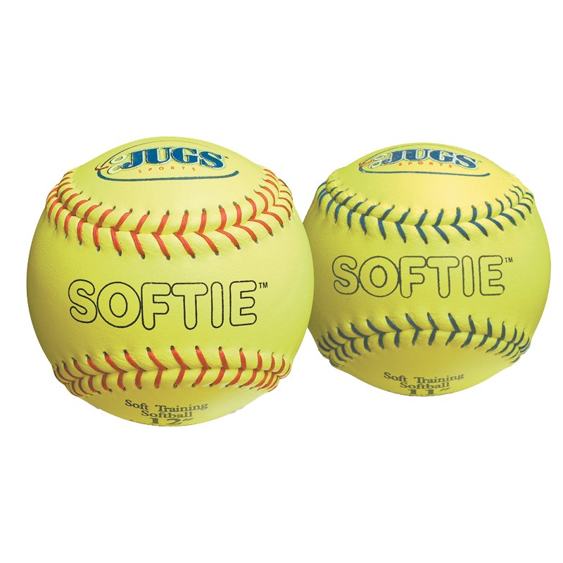 Two yellow JUGS Softie softballs side by side, one with red stitching and one with dark green stitching, on a white background.