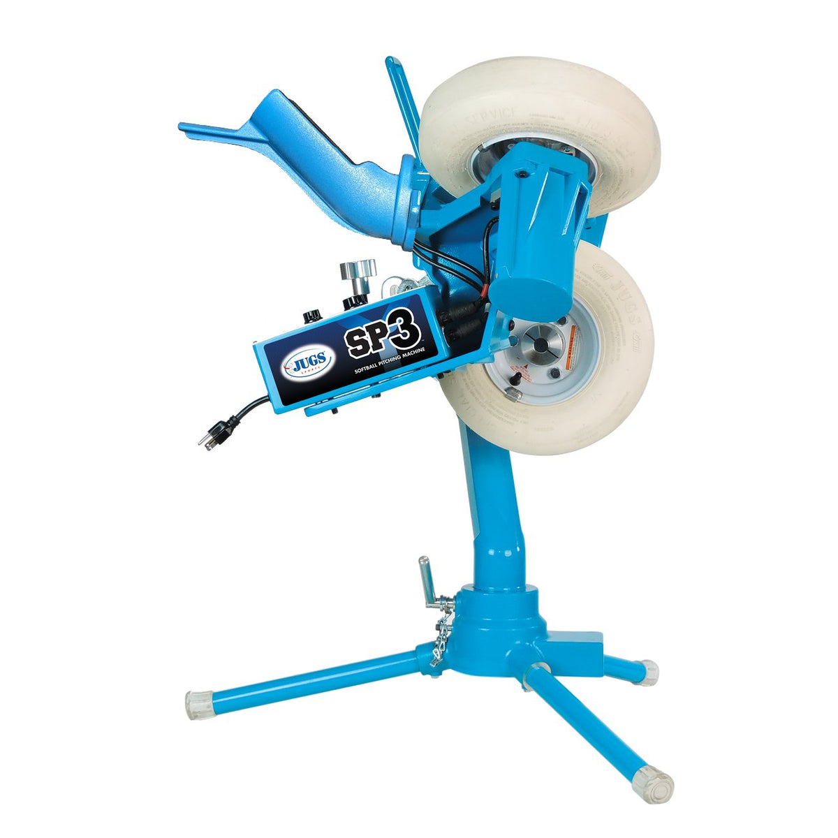 The light blue JUGS SP3 three-wheel softball pitching machine with a black ball chute and SP3 control box, standing on a short three-leg base, photographed on a white background.