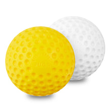 A yellow dimpled practice baseball in front of a white dimpled practice baseball, both with JUGS Sting-Free embossed, on a white background.