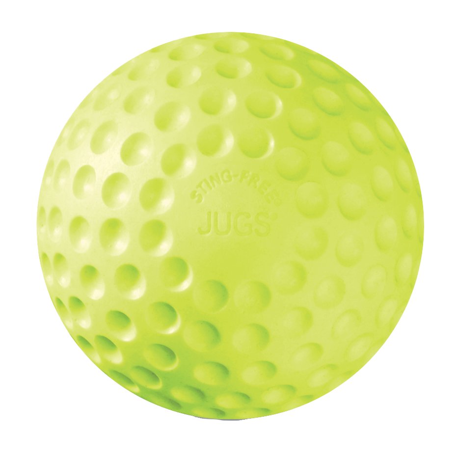 A bright yellow dimpled practice softball with JUGS Sting-Free embossed on it, on a white background.