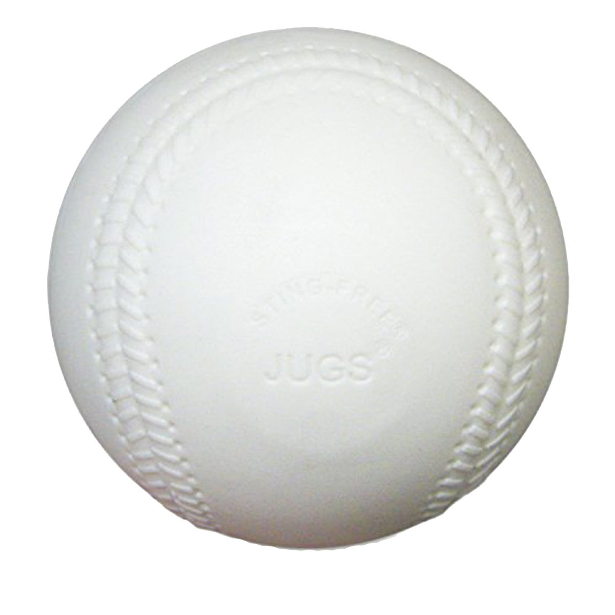 A white practice baseball with raised molded seams and JUGS Sting-Free embossed on its surface, on a white background.