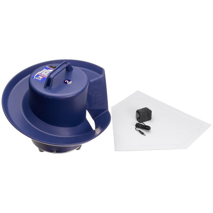The blue JUGS Toss Machine with its throw-down home plate and battery charger, photographed on a white background.