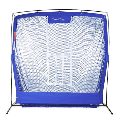 The blue JUGS Complete Practice Travel Screen with its flip-over strike zone, photographed on a white background.