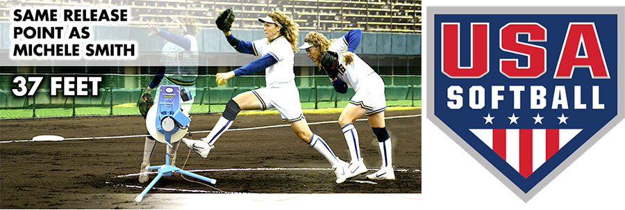 Michelle Smith Throwing softball and team USA logo Michelle Smith Throwing softball and team USA logo