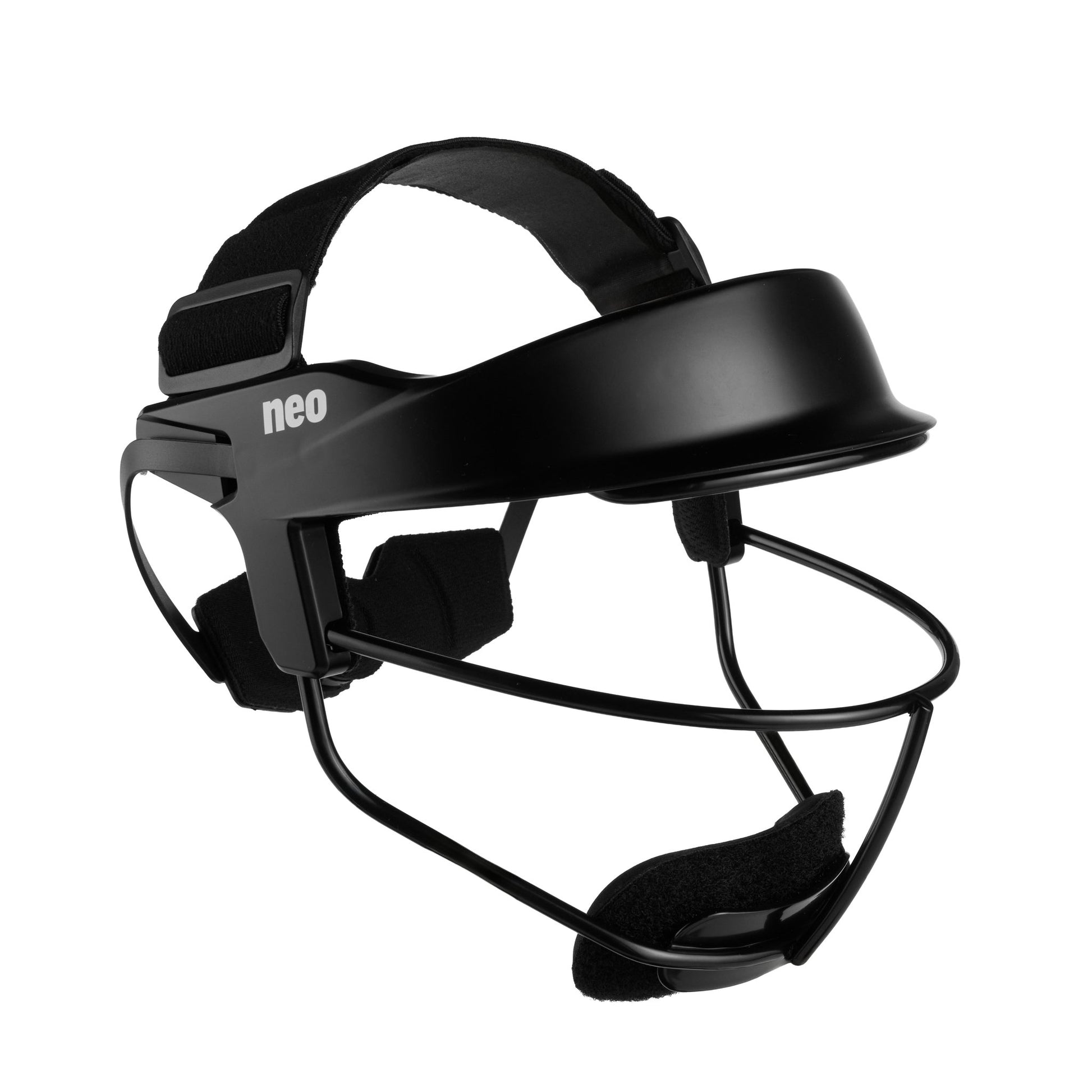 A black softball fielder's mask photographed from a three-quarter front angle on a white background, showing the solid black brow visor with a small white 'neo' logo on the side, a black wire cage across the face, and a padded black chin cup.