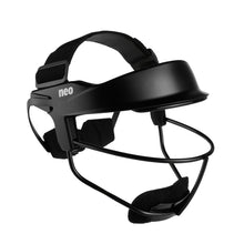 A black softball fielder's mask photographed from a three-quarter front angle on a white background, showing the solid black brow visor with a small white 'neo' logo on the side, a black wire cage across the face, and a padded black chin cup.