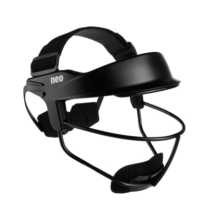 A black softball fielder's mask photographed from a three-quarter front angle on a white background, showing the solid black brow visor with a small white 'neo' logo on the side, a black wire cage across the face, and a padded black chin cup.